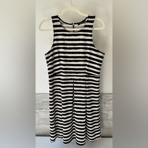 EUC THML Betsey Stripe Sleeveless Fit & Flare Dress in Beige, Black w/ Back Zip
